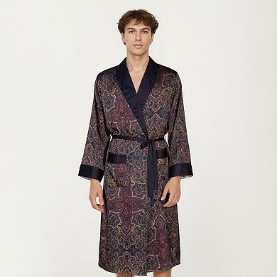 Men's Paisley Print Satin Robe with Contrast Trim Shawl Collar and Waist Tie