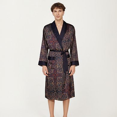 Men's Paisley Print Satin Robe with Contrast Trim Shawl Collar and Waist Tie