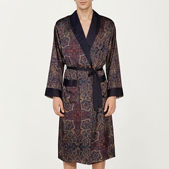 Men's Paisley Print Satin Robe with Contrast Trim Shawl Collar and Waist Tie