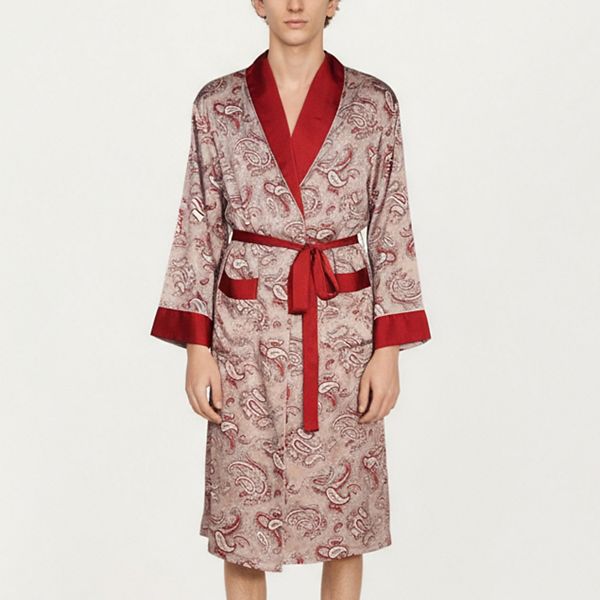 Men's Paisley Print Satin Robe with Contrast Trim Shawl Collar and