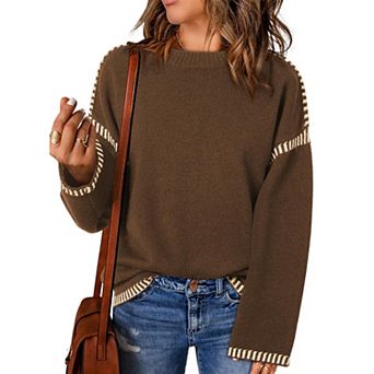 Women's Oversized Sweaters Crew Neck Long Sleeve Color Block Chunky Warm Pullover Top Outfits
