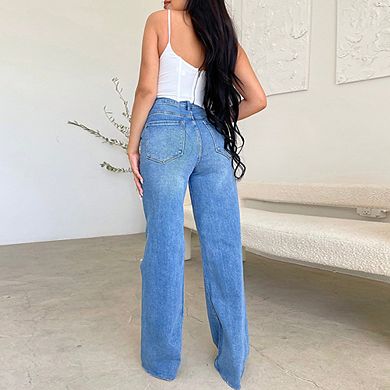 Women's Ripped Jeans High Waisted Distressed Baggy Straight Wide Leg Pants