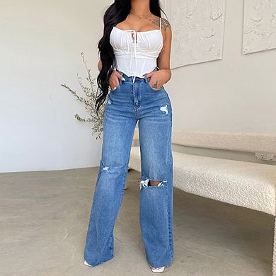 Women's Ripped Jeans High Waisted Distressed Baggy Straight Wide Leg Pants