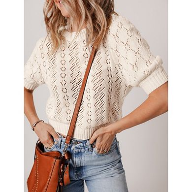 Womens Puff Sleeve Summer Fall Crochet Sweaters Lightweight Boho Crop Tops Knit Fashion Clothes