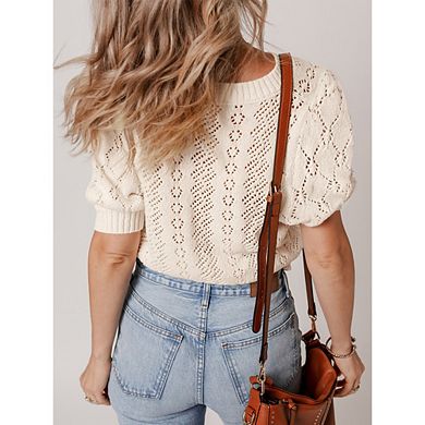 Womens Puff Sleeve Summer Fall Crochet Sweaters Lightweight Boho Crop Tops Knit Fashion Clothes