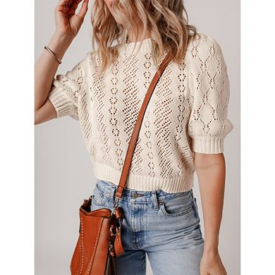 Womens Puff Sleeve Summer Fall Crochet Sweaters Lightweight Boho Crop Tops Knit Fashion Clothes