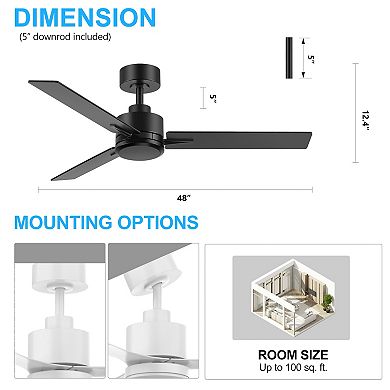 48-in fan, no light, 5-in downrod, 6-speed settings, remote