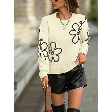 Womens Floral Pattern Crewneck Long Sleeve Drop Shoulder Sweaters Tops Casual Knit Pullover Sweater