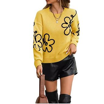 Womens Floral Pattern Crewneck Long Sleeve Drop Shoulder Sweaters Tops Casual Knit Pullover Sweater