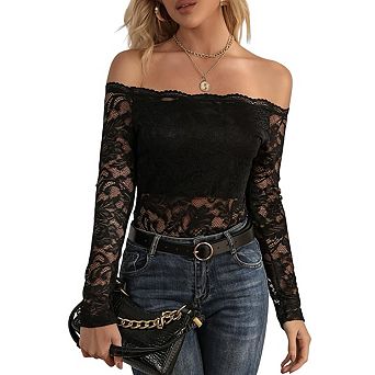 Women’s Off Shoulder Floral Lace Shirt Slim Long Sleeve Shirt Fashion Solid Color See Through Blouse