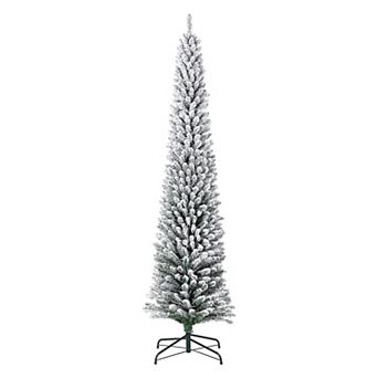 Flocked LED Pencil Christmas Tree, Slim Pre-Lit Xmas Tree w/Hinged Metal Stand for Home, Office
