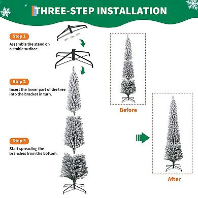 Flocked LED Pencil Christmas Tree, Slim Pre-Lit Xmas Tree w/Hinged Metal Stand for Home, Office