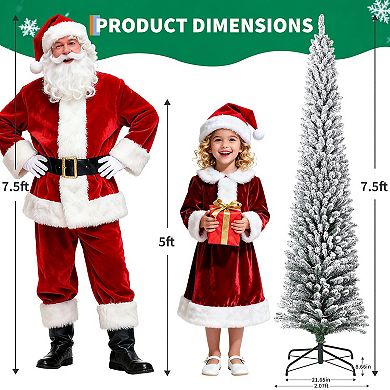 Flocked LED Pencil Christmas Tree, Slim Pre-Lit Xmas Tree w/Hinged Metal Stand for Home, Office