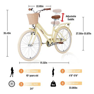 Whisen 24" Girls Bike with Backet, Steel Frame, Anti-skid Tires, Sensitive Braking System