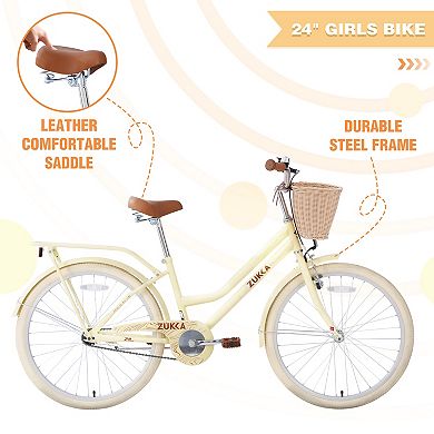 Whisen 24" Girls Bike with Backet, Steel Frame, Anti-skid Tires, Sensitive Braking System