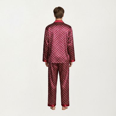 Men's 2-Piece Set Satin Pajamas with Geometric Print Contrast Collar and Button-Up Top