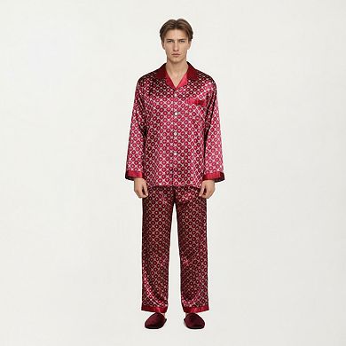 Men's 2-Piece Set Satin Pajamas with Geometric Print Contrast Collar and Button-Up Top