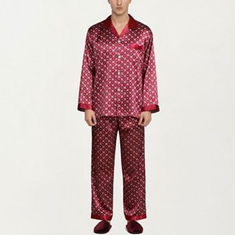 Men's 2 pc Set Satin Pajamas with Geometric Print Contrast Collar and Button-Up Top