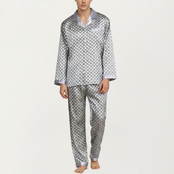 Men's 2 pc Set Satin Pajamas with Geometric Print Contrast Collar and Button-Up Top