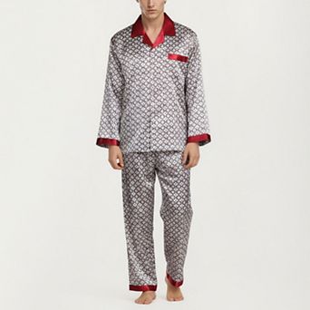 Men's 2 pc Set Satin Pajamas with Geometric Print Contrast Collar and Button-Up Top