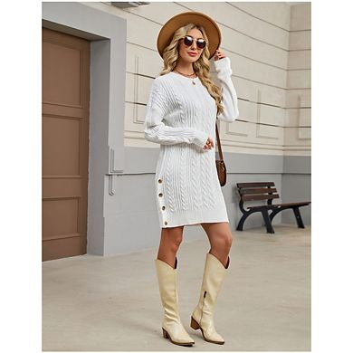 Women's Pullover Casual Circular-Neck Dress Rib Knit Thick Sweater Dress Winter Short Mini Dress
