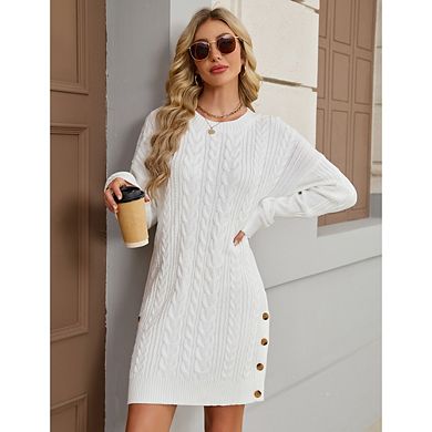 Women's Pullover Casual Circular-Neck Dress Rib Knit Thick Sweater Dress Winter Short Mini Dress