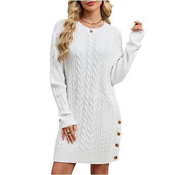 Women's Pullover Casual Circular-Neck Dress Rib Knit Thick Sweater Dress Winter Short Mini Dress