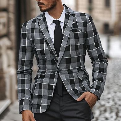 Men's Versatile Single-Button Checkered Blazer Casual Long Sleeve Sport Coat