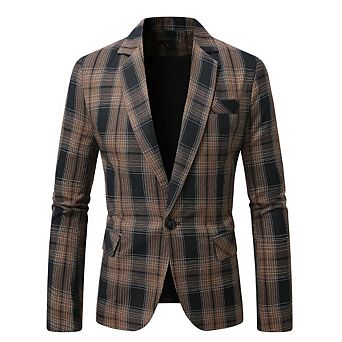 Men's Versatile Single-Button Checkered Blazer Casual Long Sleeve Sport Coat