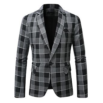 Men's Versatile Single-Button Checkered Blazer Casual Long Sleeve Sport Coat