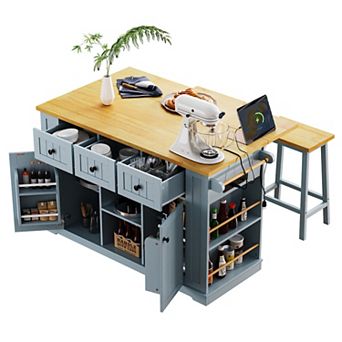 Whisen Kitchen Cart Island, Leaf, Side Racks, Drawers, Locking Wheels(Not include bar stools)