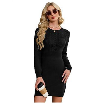 Women's Fashionable Cable Knit Long Sleeve A-Line Wool Dress Sweater