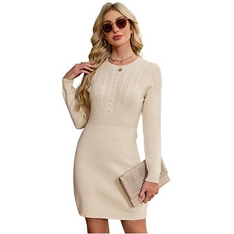 Women's Fashionable Cable Knit Long Sleeve A-Line Wool Dress Sweater