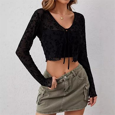 Mesh Top for Women Long Sleeve Tie Front Mesh Shirt Sheer Crop See Through Tee Shirt Blouses Shrug