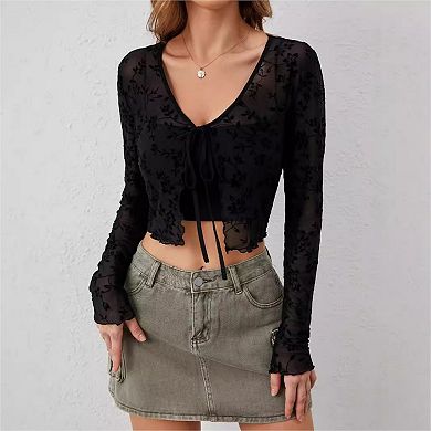 Mesh Top for Women Long Sleeve Tie Front Mesh Shirt Sheer Crop See Through Tee Shirt Blouses Shrug