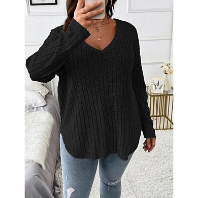 Women's Plus Size Casual Knit V Neck Lightweight Long Sleeve Sweaters