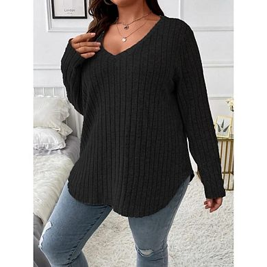 Women's Plus Size Casual Knit V Neck Lightweight Long Sleeve Sweaters