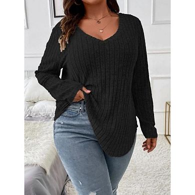 Women's Plus Size Casual Knit V Neck Lightweight Long Sleeve Sweaters