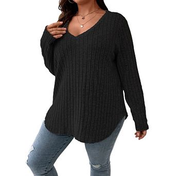 Women's Plus Size Casual Knit V Neck Lightweight Long Sleeve Sweaters
