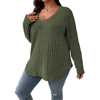 Women's Plus Size Casual Knit V Neck Lightweight Long Sleeve Sweaters