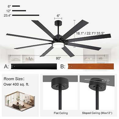 80-Inch LED Ceiling Fan with Light, 8 Blades, DC Motor, Includes 6/12/23.4-Inch Downrods, Remote