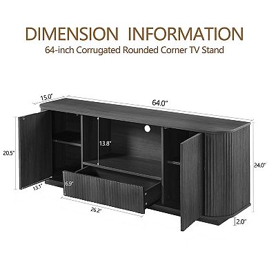 Whisen 64-Inch Wavy TV Stand, Rounded Sideboard, Storage Cabinet, Wooden Vertical Stripe Cabinet