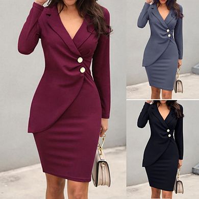 Women Solid Blazer Jacket Dress Long Sleeve V-Neck Business Blazer Dress Down Buttons Formal Dress
