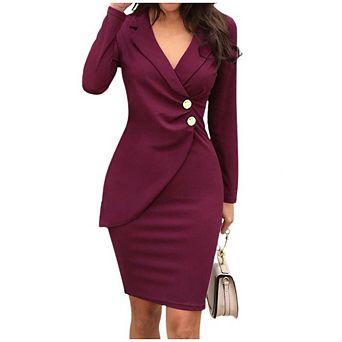 Women Solid Blazer Jacket Dress Long Sleeve V-Neck Business Blazer Dress Down Buttons Formal Dress