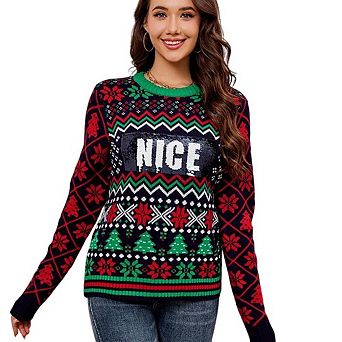 Women's Sequin Embroidered Jacquard Christmas Sweater Long Sleeve Knit Pullover