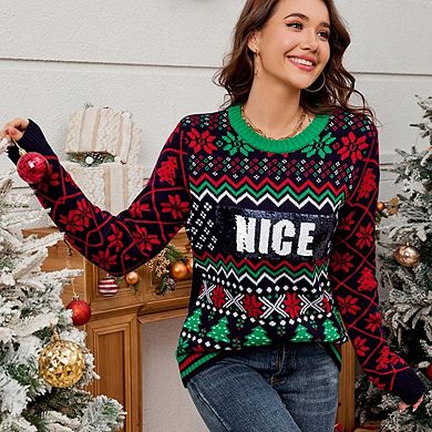 Women's Sequin Embroidered Jacquard Christmas Sweater Long Sleeve Knit Pullover