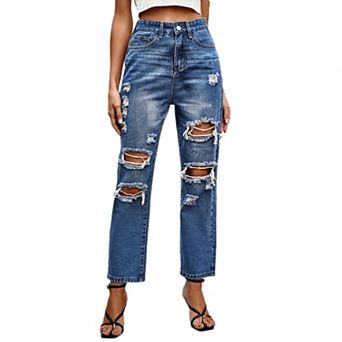 Womens Jeans High Waisted Stretchy Ripped Distressed Tummy Control Straight Ankle Jean
