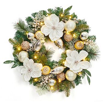 24 inch Christmas Wreath for Front Door with Magnolia Flower, Gold Ball Ornamants & 20 LED Lights