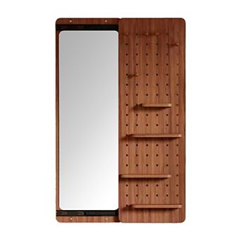 Brown Wood Full Length Mirror with Shelf and Hooks