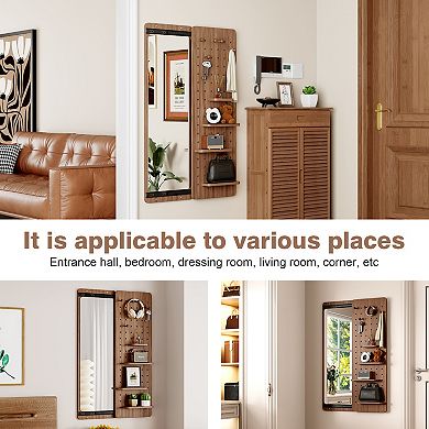 Brown Wood Full Length Mirror with Shelf and Hooks